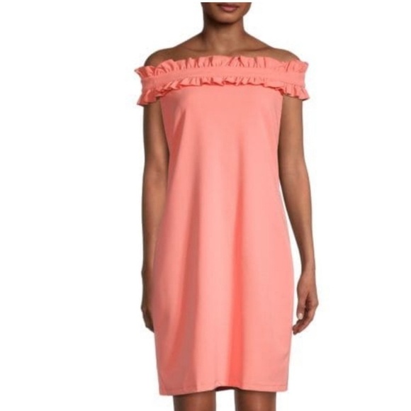 Marina Off-The-Shoulder Ruffle Coral Pencil Dress - Picture 1 of 13